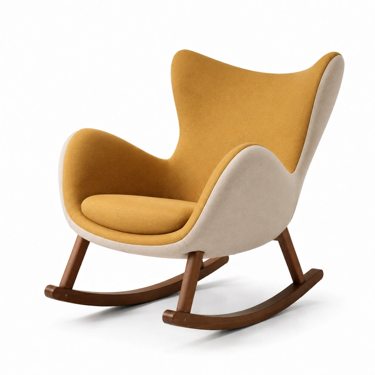 Silla mecedora de tela verde oliva con base de madera