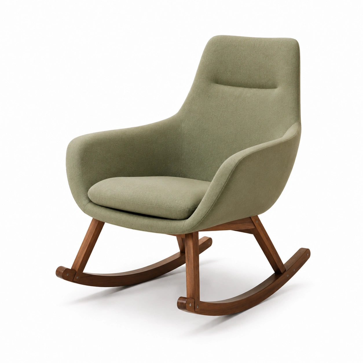 Sillón mecedora de tela beige y azul con estructura de madera