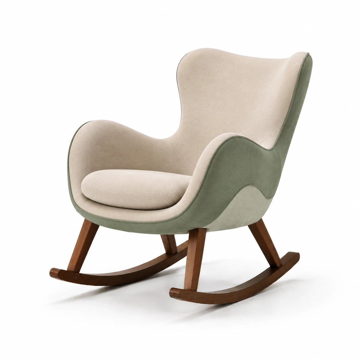 Silla mecedora de tela verde con base de madera