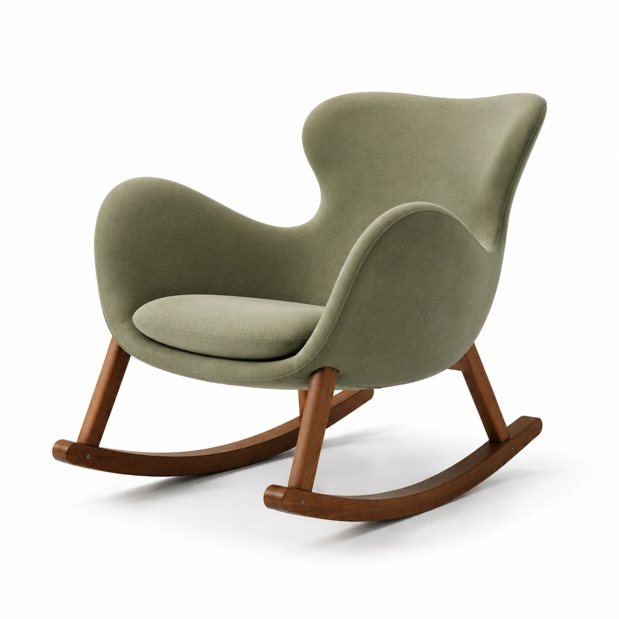 Sillón mecedor de poliéster verde y beige con base de madera