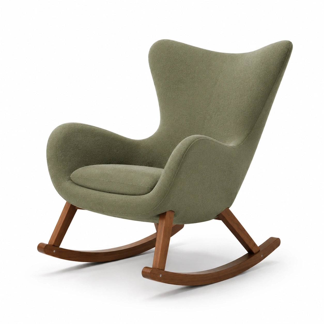 Mecedora de Tela Beige/Verde con Cojín Naranja y Patas de Madera
