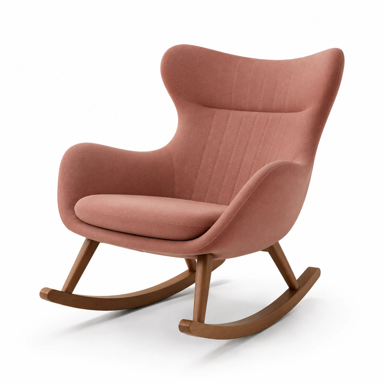 Sillón mecedora de tela azul con patas de madera