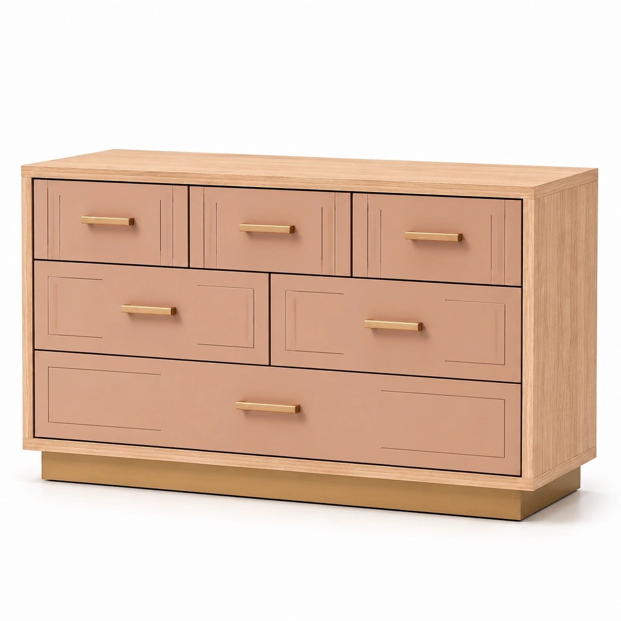 Cómoda de madera con 6 cajones y base metálica verde oscuro y dorado