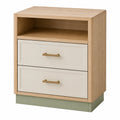 Mesita de noche de madera de roble con cajones de MDF y base plástica verde 40cm x 30cm x 60cm