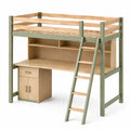 Cama elevada de madera y metal con escritorio y cajonera