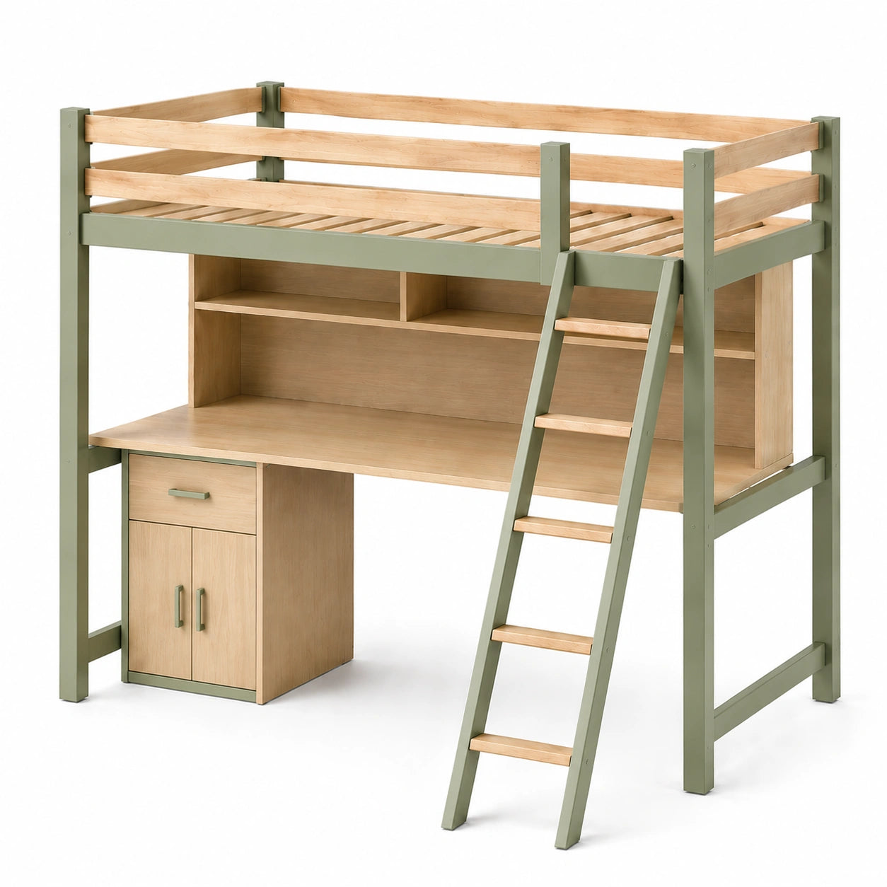 Cama elevada de madera y metal con escritorio y cajonera