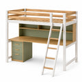 Cama alta con escritorio y estantería de metal negro y madera