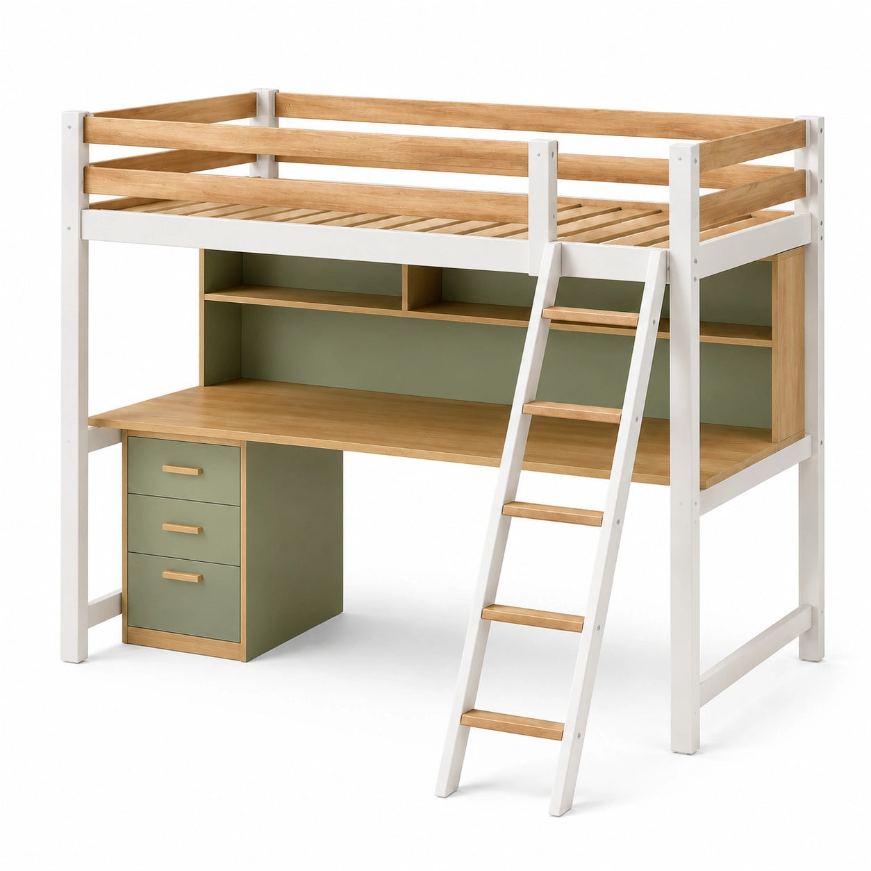 Cama alta con escritorio y estantería de metal negro y madera
