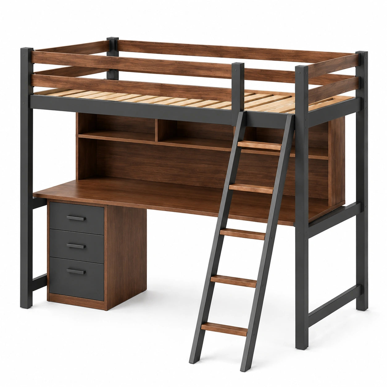 Cama alta de madera y metal con escritorio, 200 cm