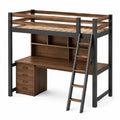 Cama alta de madera y metal con escritorio y escalera