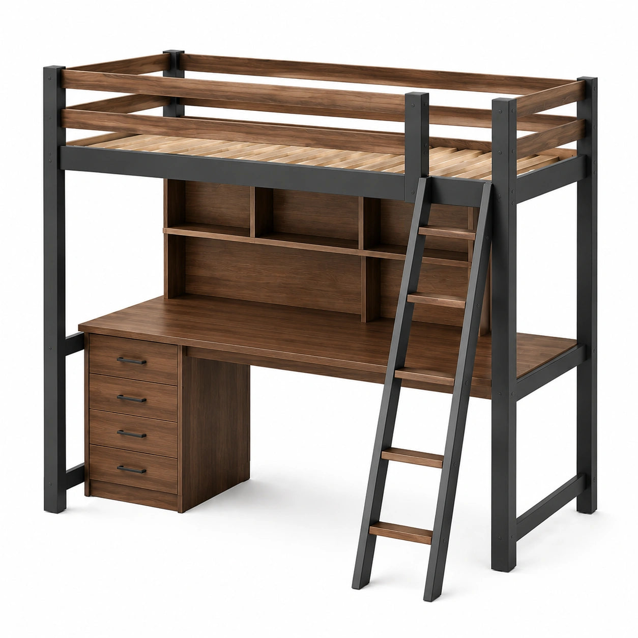 Cama alta de madera y metal con escritorio y escalera