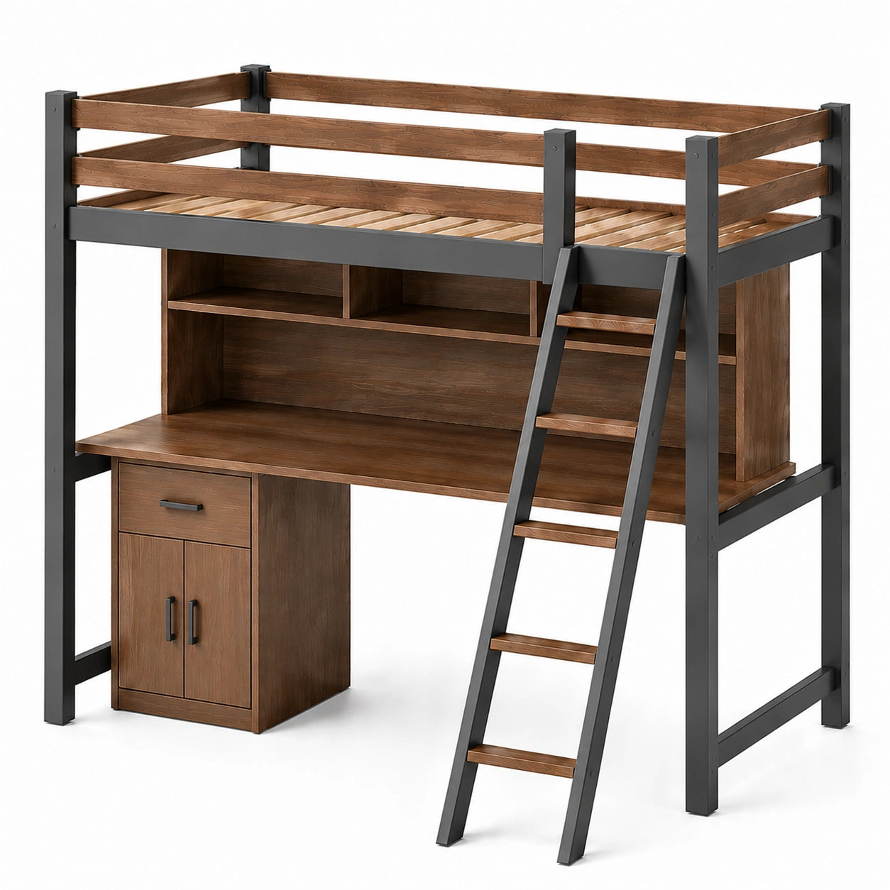 Cama alta de madera y metal con escritorio y escalera 200x90 cm