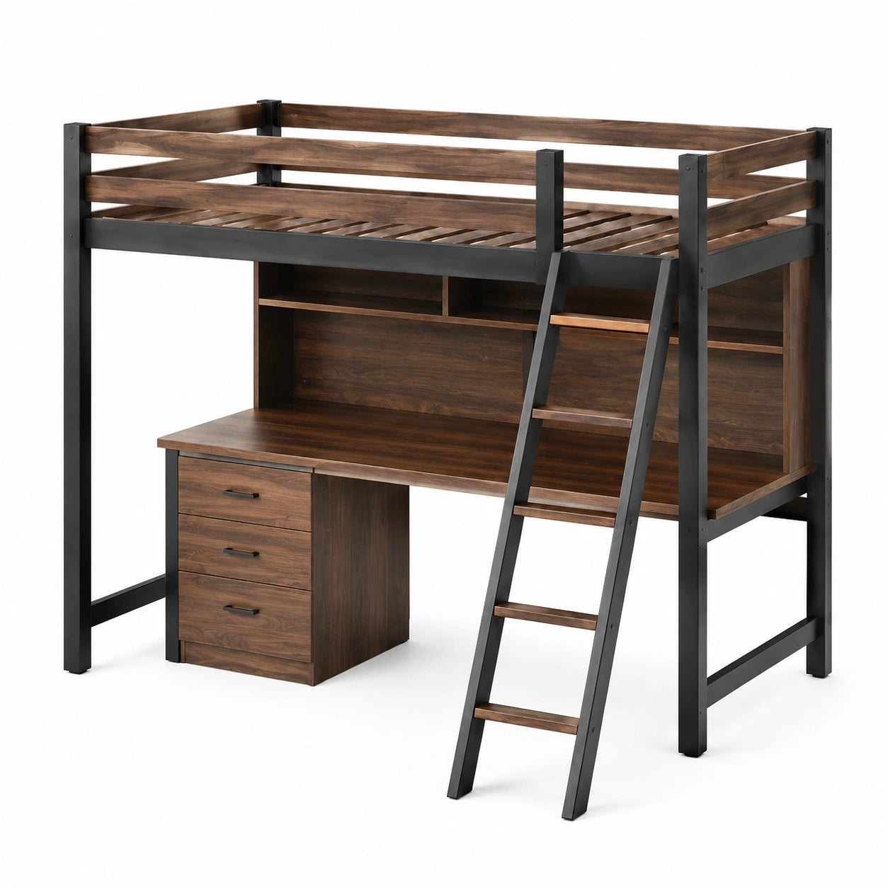 Cama Alta con Escritorio de Metal y Madera
