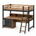 Cama alta de madera y metal con escritorio y estantería