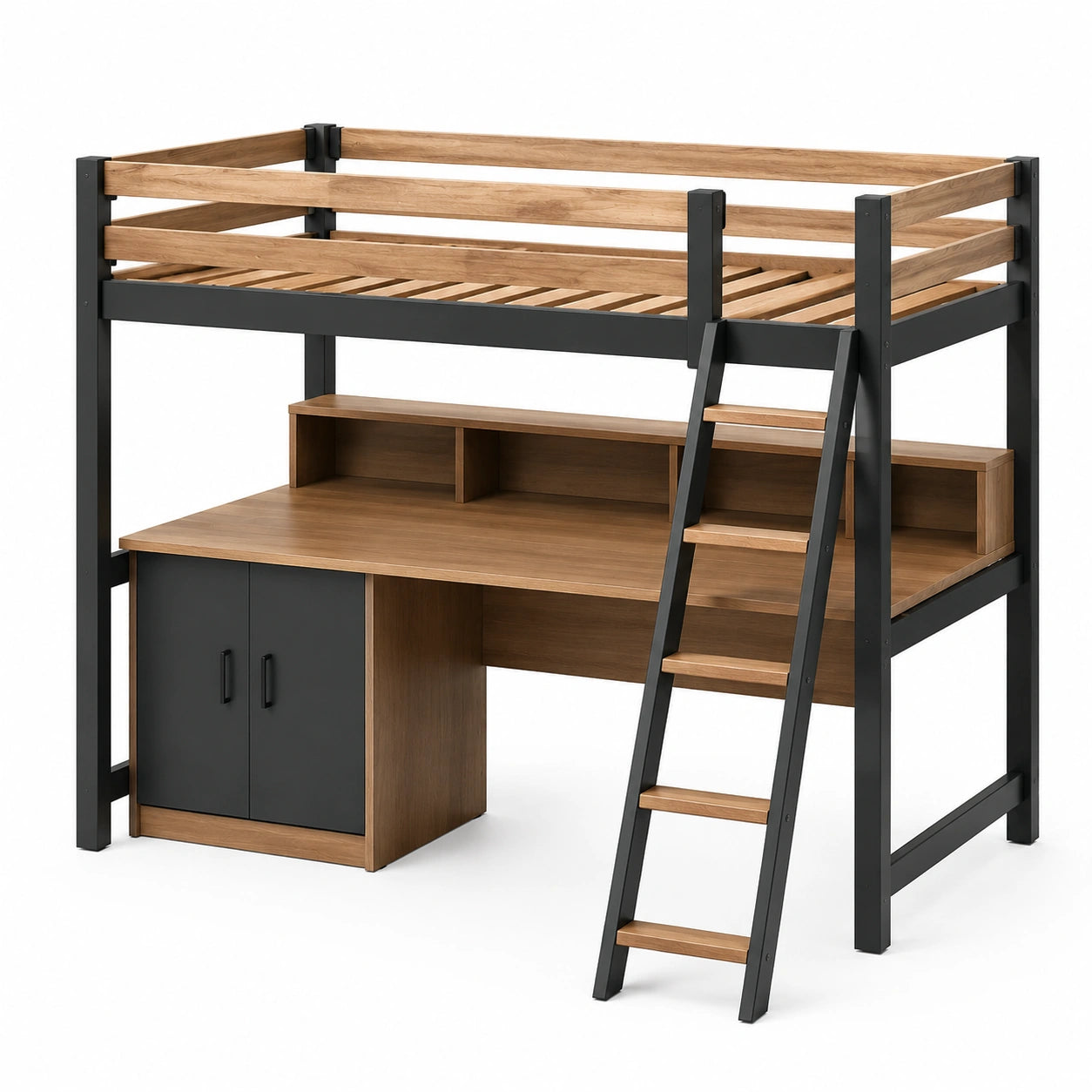 Cama alta de madera y metal con escritorio y estantería