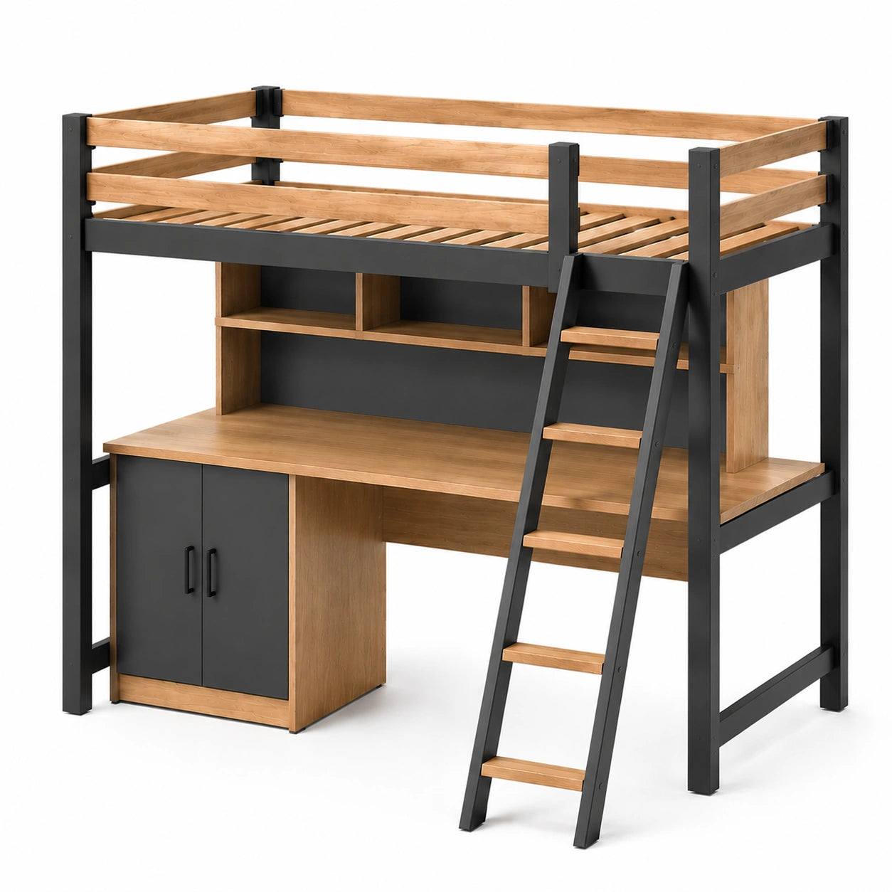 Cama alta de metal y madera con escritorio integrado 200x150x180 cm