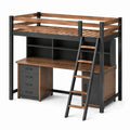 Cama alta de madera y metal con escritorio, Marrón y Negro
