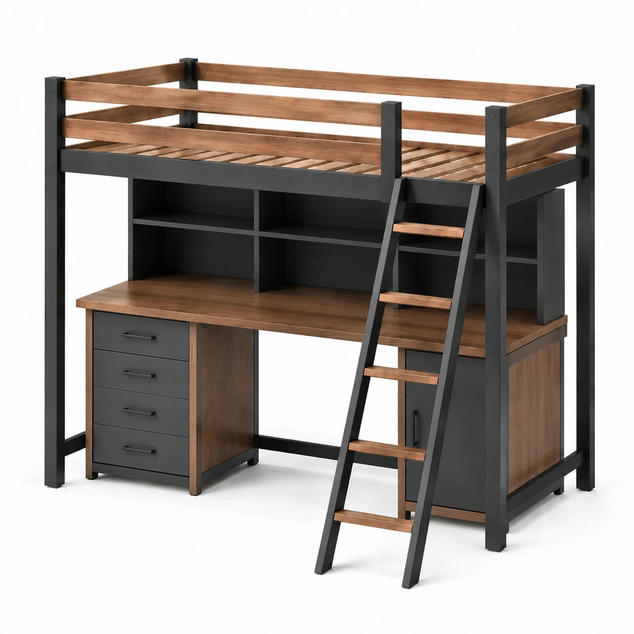 Cama alta de madera y metal con escritorio, Marrón y Negro