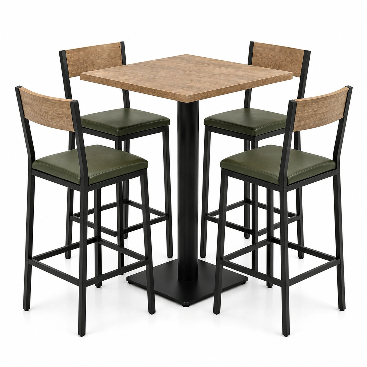 Conjunto de Mesa Alta Redonda y 4 Taburetes de Roble y Acero