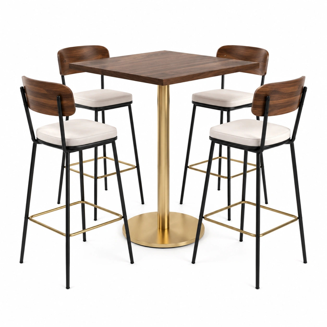 Conjunto de mesa alta de madera y sillas de bar de cuero sintético verde y metal