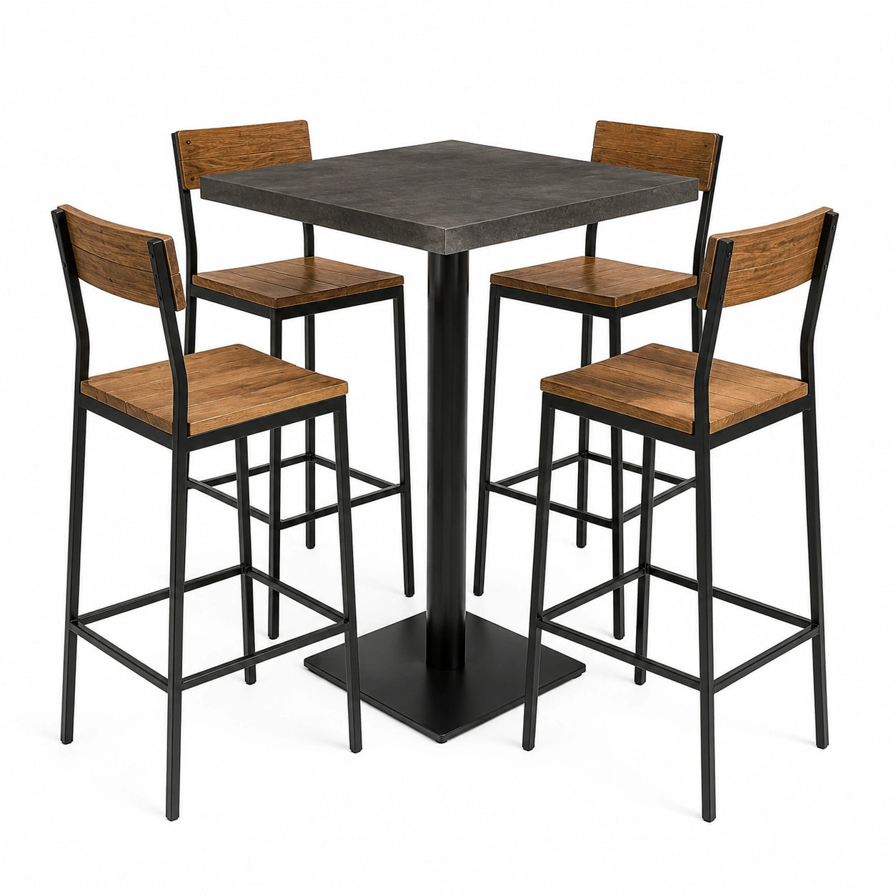 Conjunto de Mesa Alta Redonda de Madera con 4 Sillas de Cuero Sintético