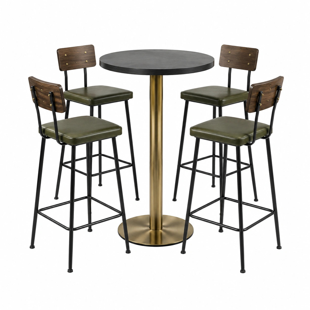 Conjunto de mesa alta de madera y metal con 4 taburetes marrón y negro