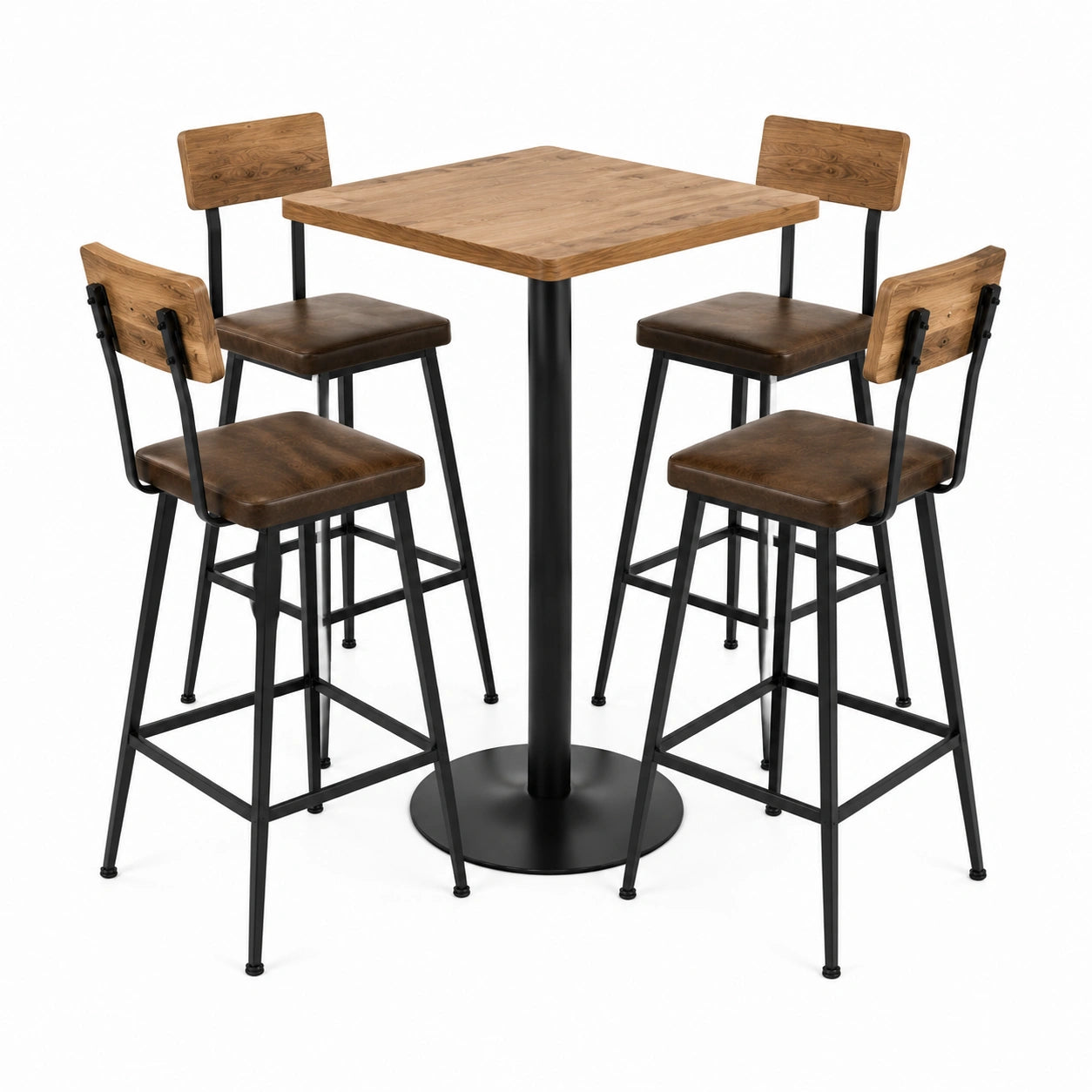 Juego de mesa alta cuadrada y 4 taburetes de madera y metal