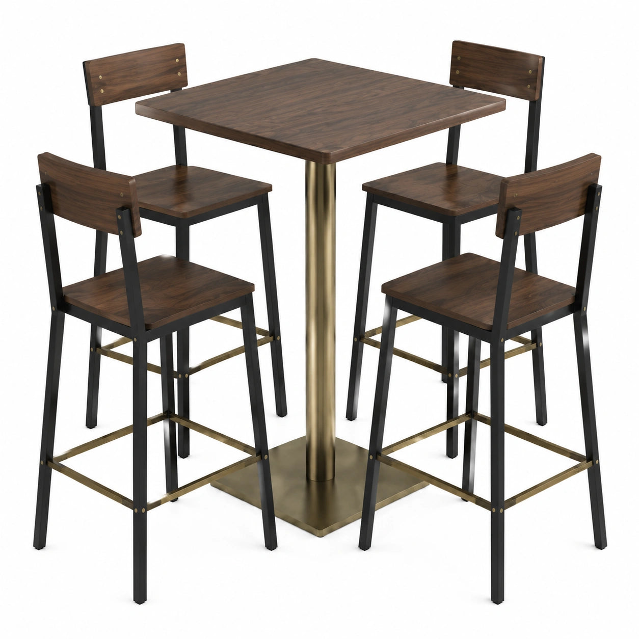 Conjunto de Mesa Cuadrada y 4 Sillas Altas de Metal y Cuero Sintético