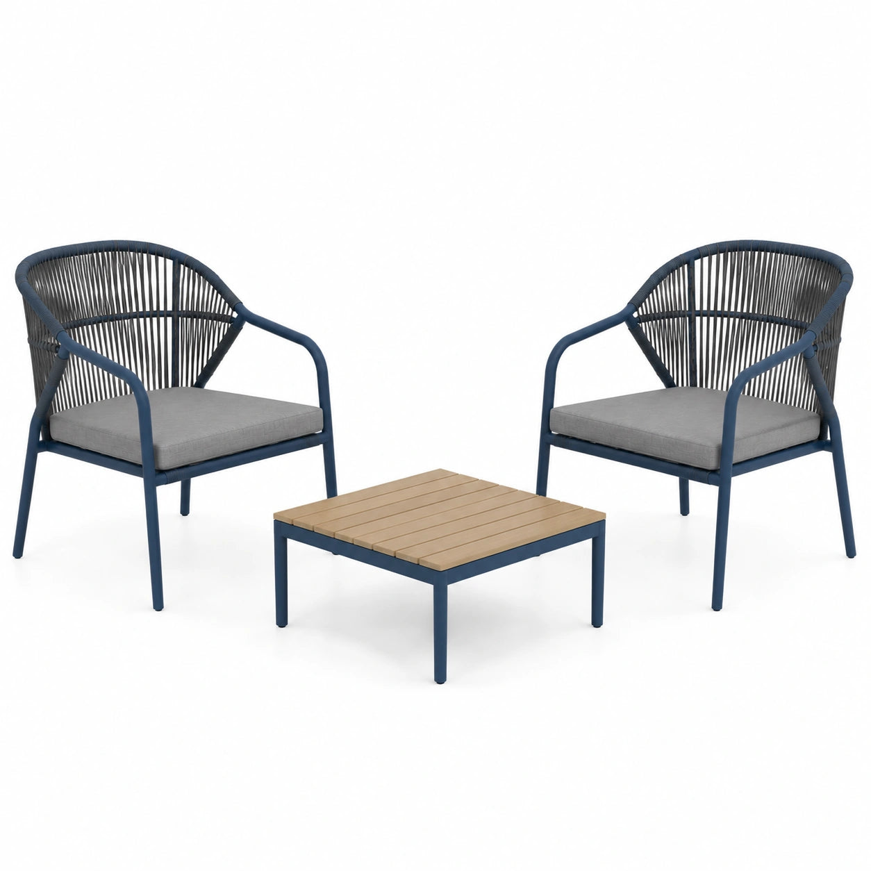 Conjunto de muebles de jardín con mesa de centro cuadrada cemento y sillas de aluminio y cuerda verde