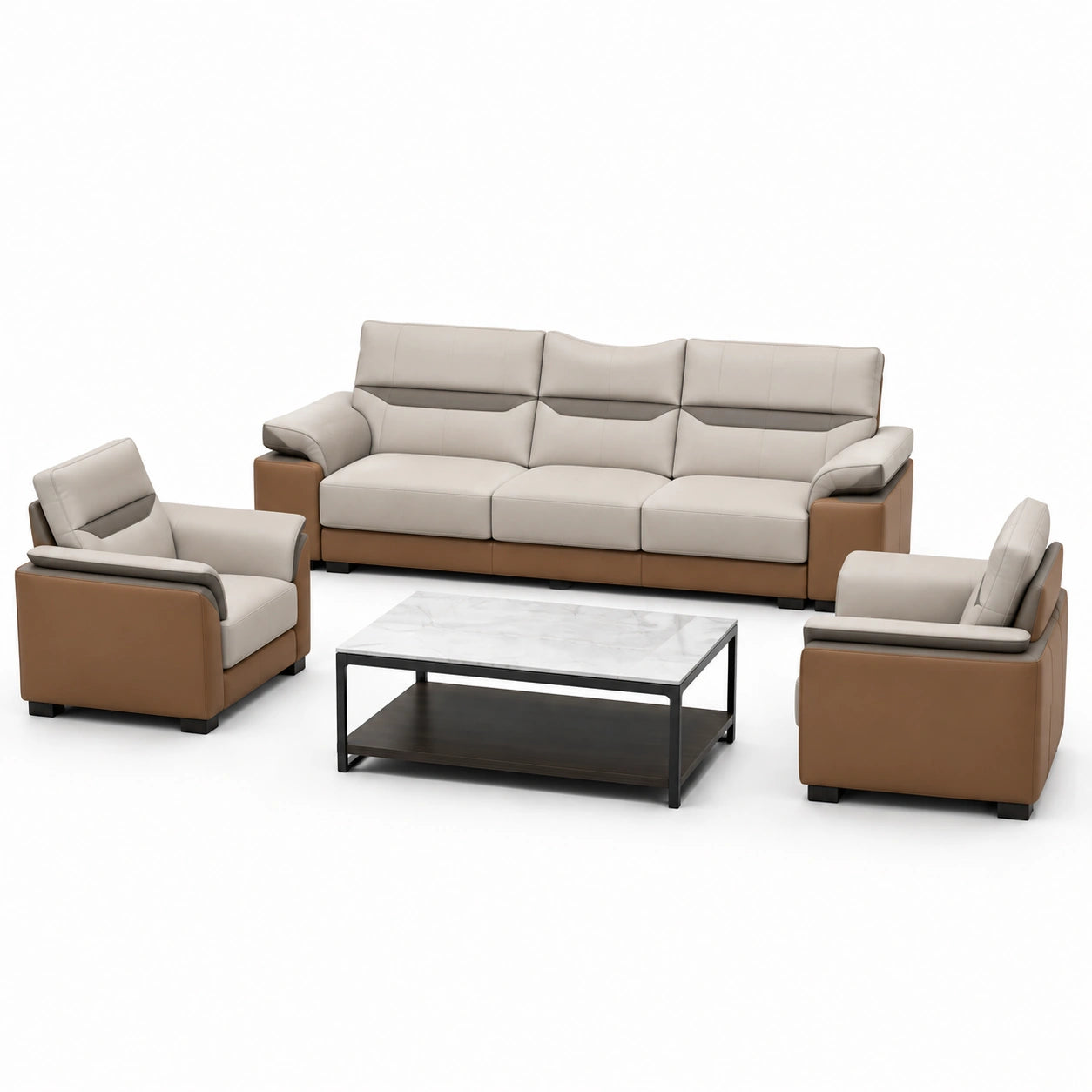 Conjunto de Sofá de Cuero Sintético Azul y Beige con Mesa de Centro de Mármol