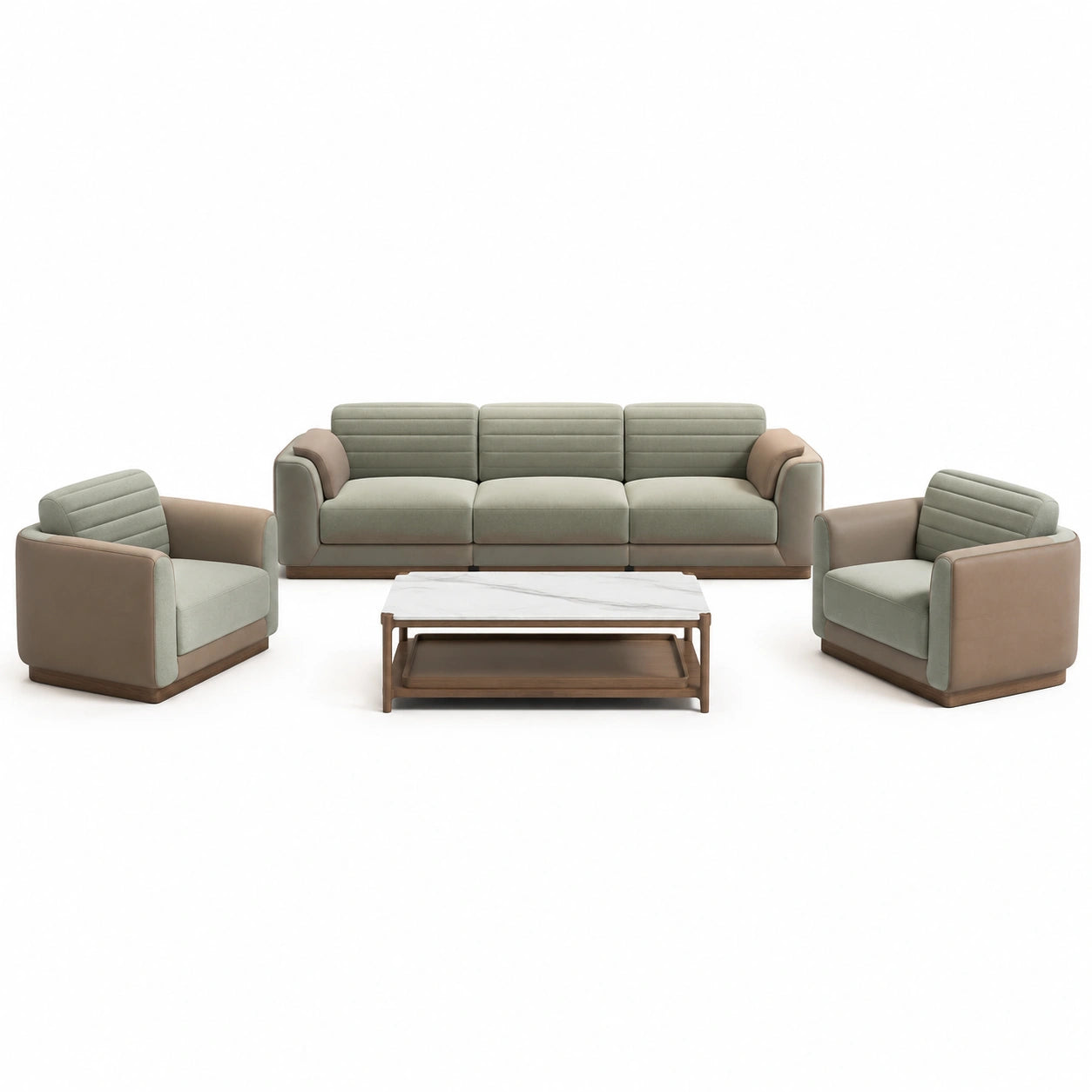 Conjunto de Sofá de 3 Plazas, 2 Sillones y Mesa de Centro de Mármol