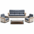 Conjunto de Sofás de Cuero Sintético Azul y Gris con Mesa de Centro de Mármol