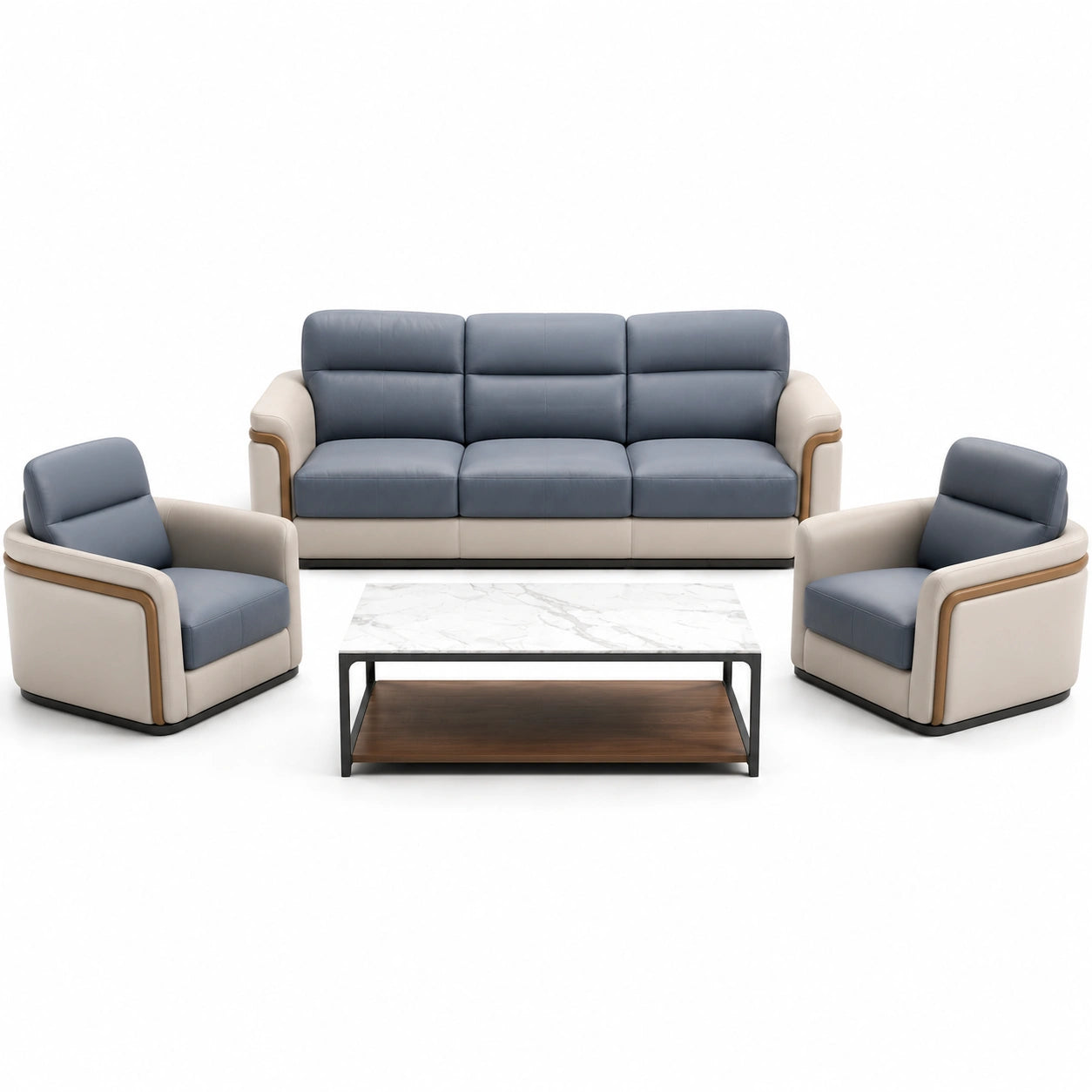 Conjunto de Sofás de Cuero Sintético Azul y Gris con Mesa de Centro de Mármol