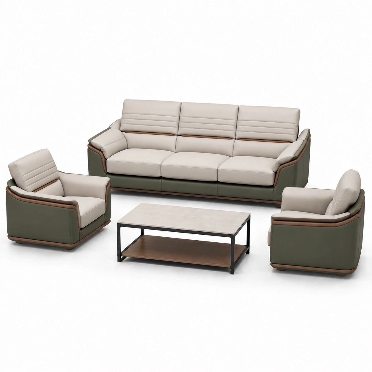 Conjunto de Sofás 3+1+1 en Cuero Sintético Beige y Marrón con Mesa de Centro de Mármol