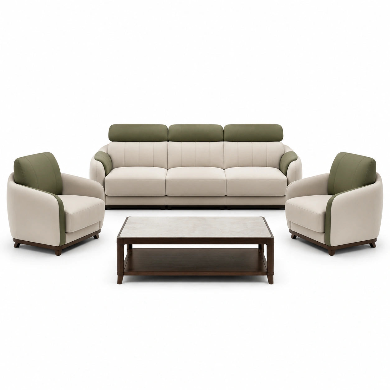 Conjunto de Sofás de Cuero y Tela Beige/Verde con Mesa de Mármol