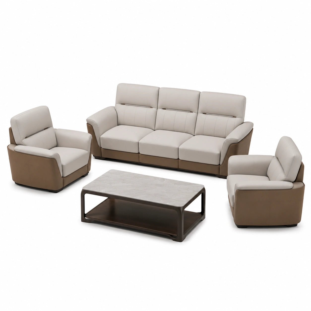 Conjunto de Sofá de Cuero PU Crema/Oscuro con Mesa de Centro de Madera y Metal