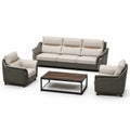 Conjunto de Sofás de Cuero Sintético Gris y Verde con Mesa de Centro de Madera y Metal