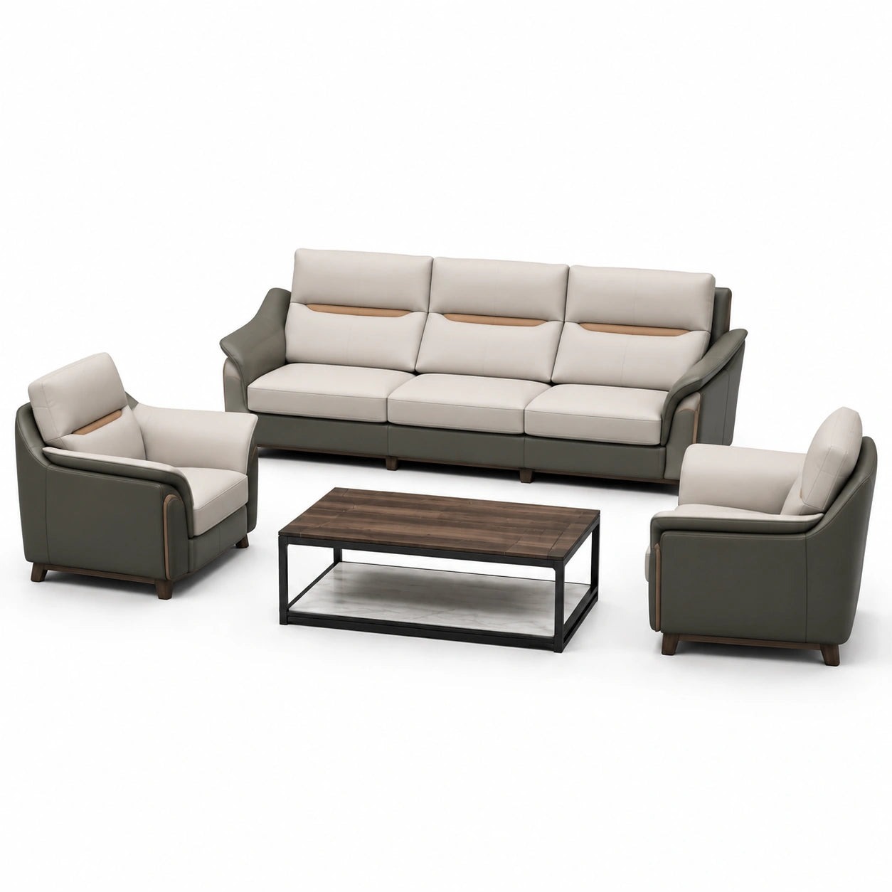Conjunto de Sofás de Cuero Sintético Gris y Verde con Mesa de Centro de Madera y Metal