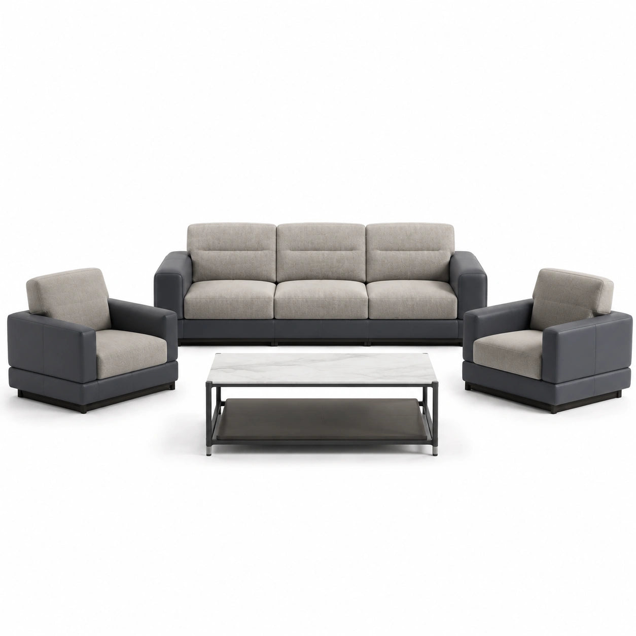 Conjunto de sofás y mesa de centro de cuero sintético y mármol Gris/Marrón
