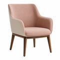 Sillón de madera de nogal con tapizado de tela beige y piel sintética verde