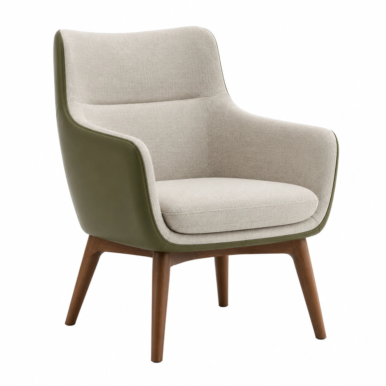 Sillón de Tela Verde y Beige con Patas de Madera de Nogal