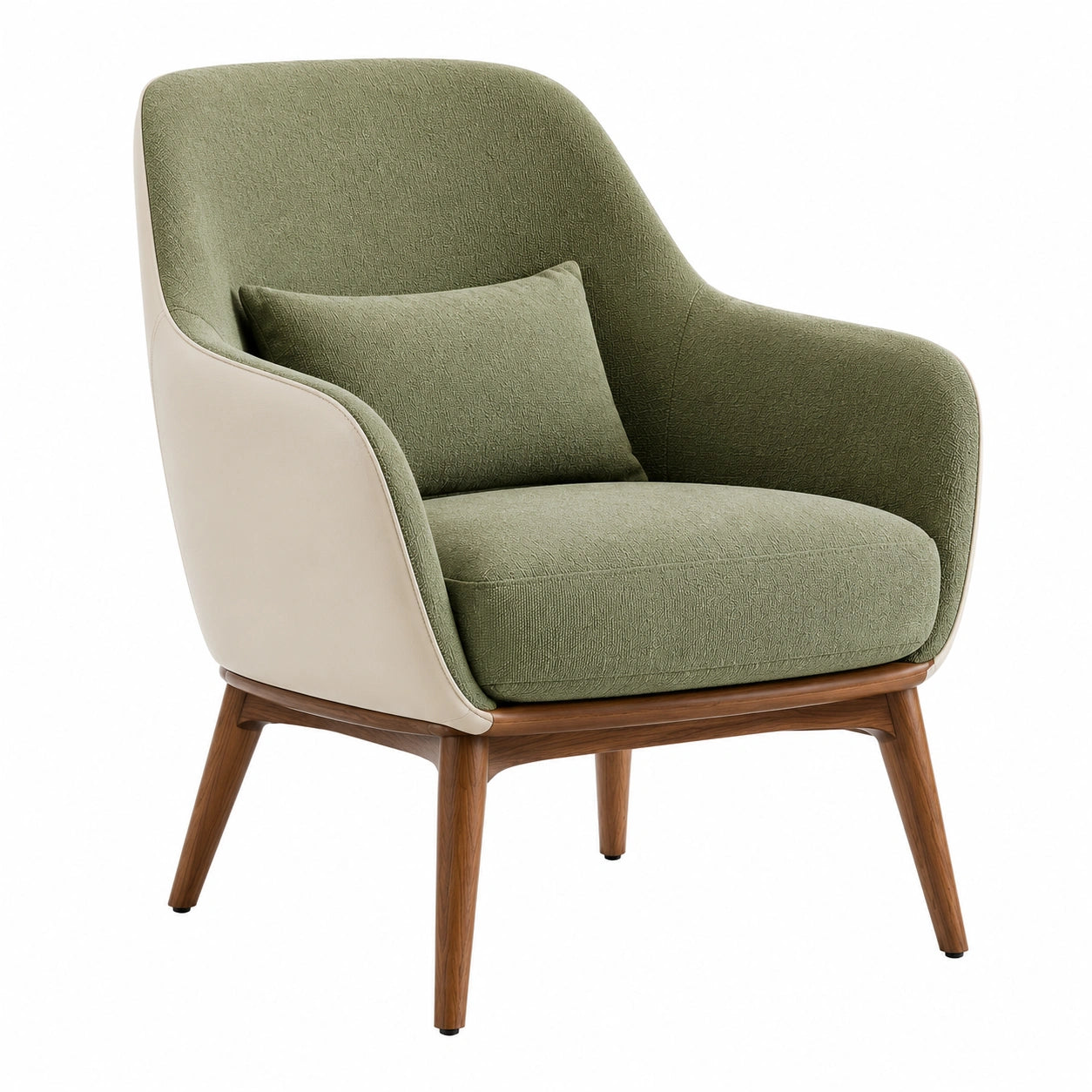 Sillón de tela beige con patas de madera
