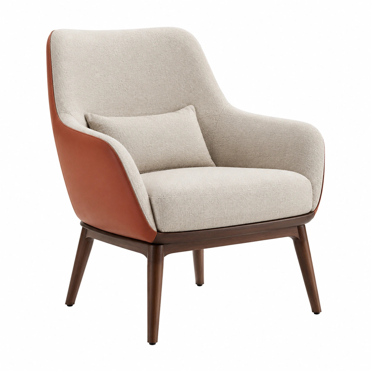 Sillón de cuero beige y marrón con patas de madera sólida