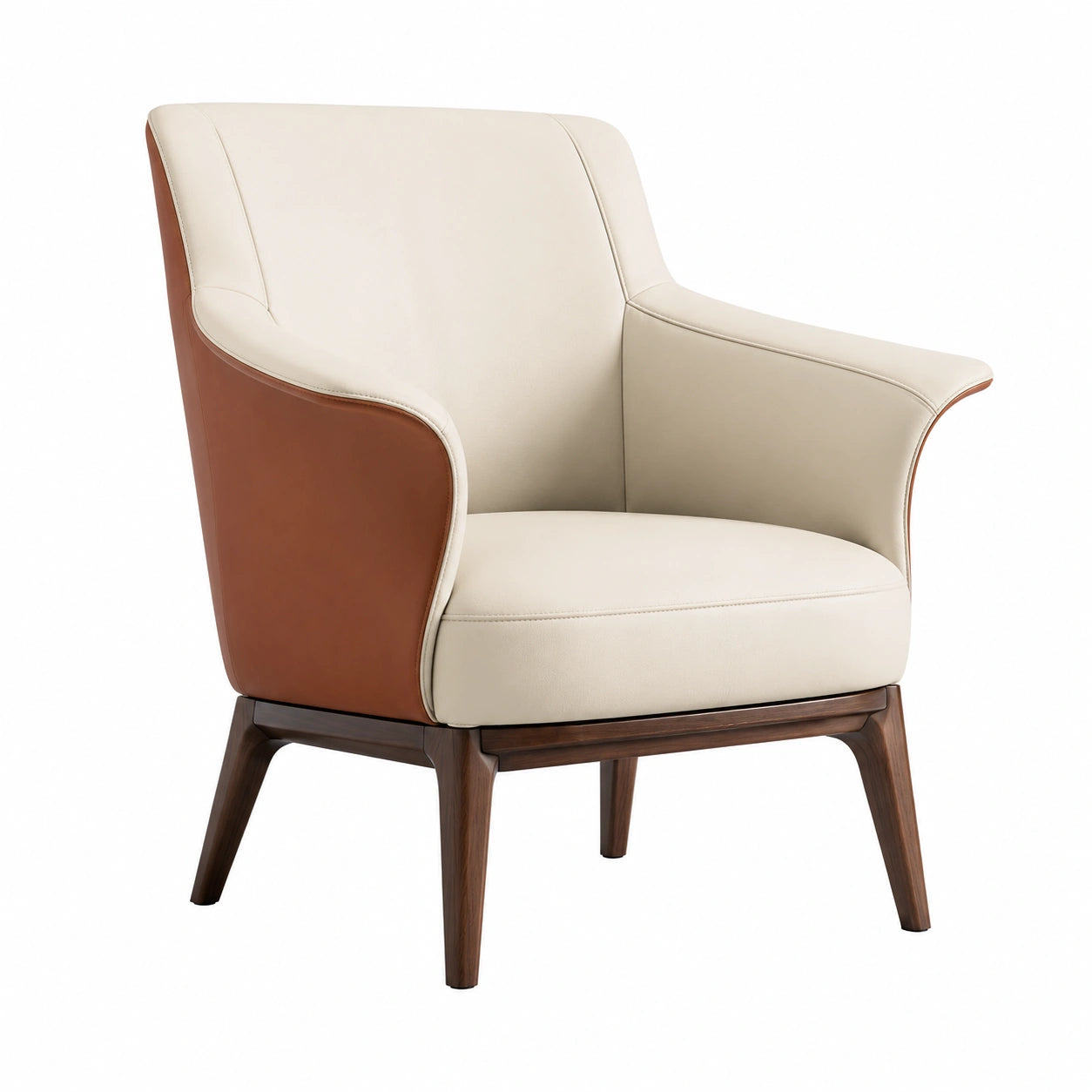 Sillón de tela y cuero sintético naranja y beige con patas de madera
