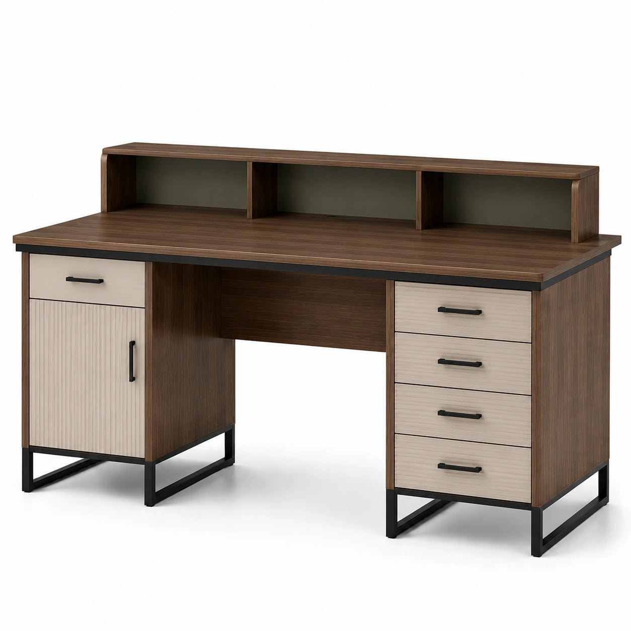 Escritorio de MDF y Metal con Estante y Cajones, Roble/Negro, 150x60x125 cm