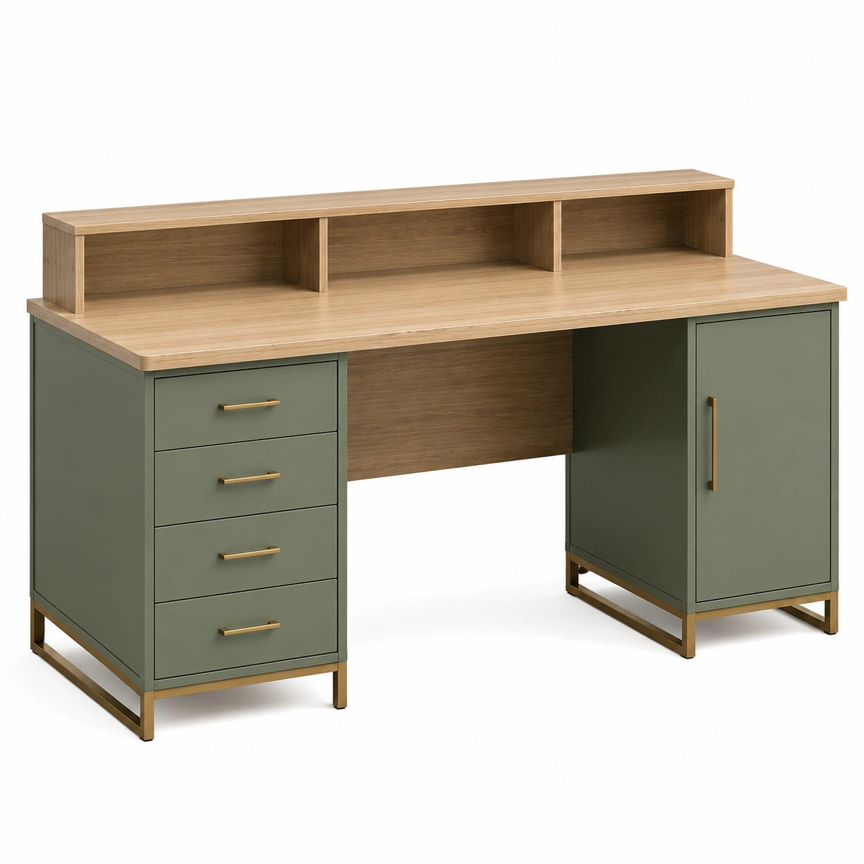 Escritorio de MDF y Metal con Estantería y Cajones Marrón y Gris