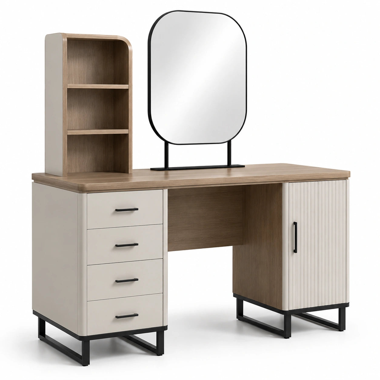 Tocador de Metal, MDF y Chapa de Madera con Espejo y Almacenamiento, Beige