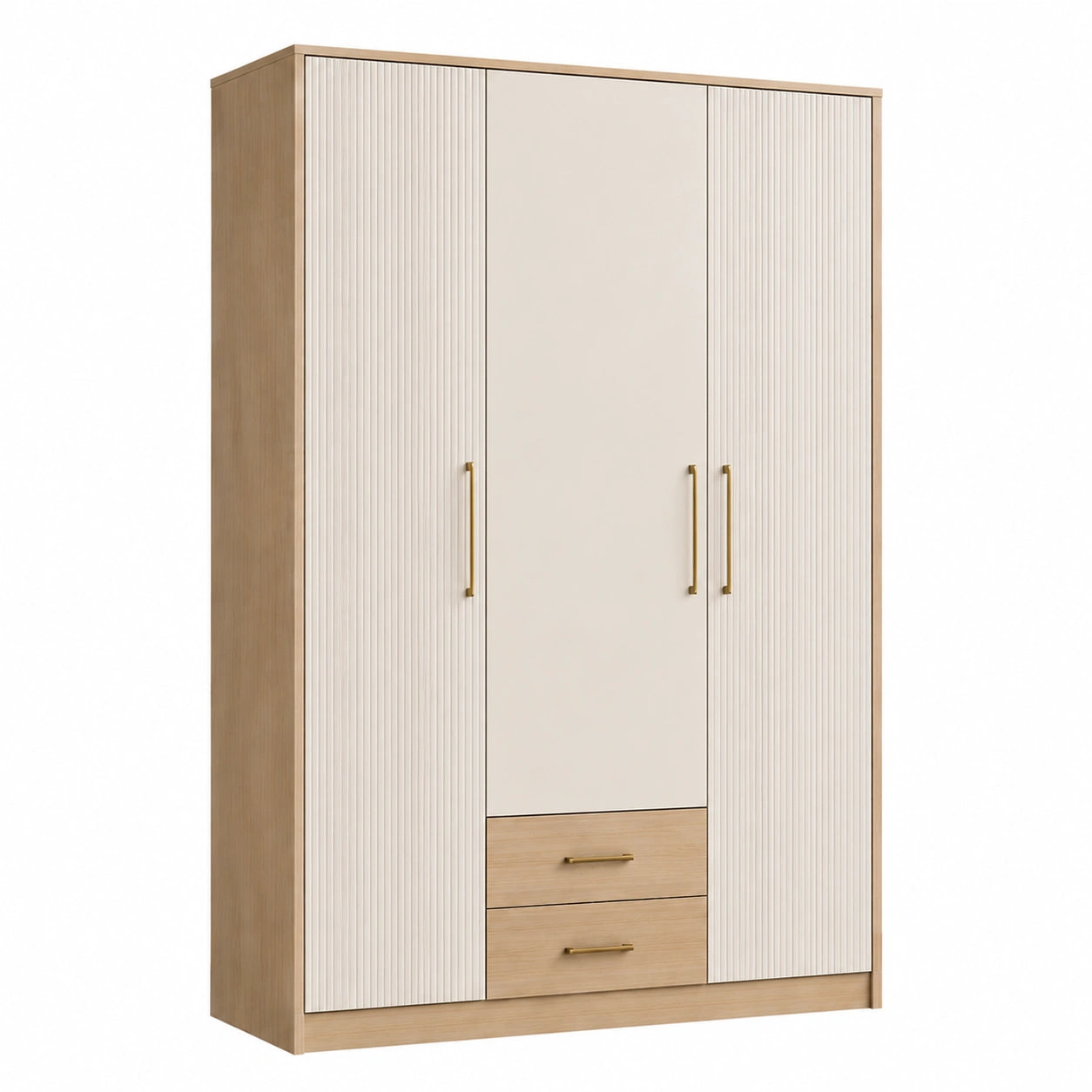 Armario de MDF con 3 puertas y 2 cajones en beige y dorado 200x150x60 cm