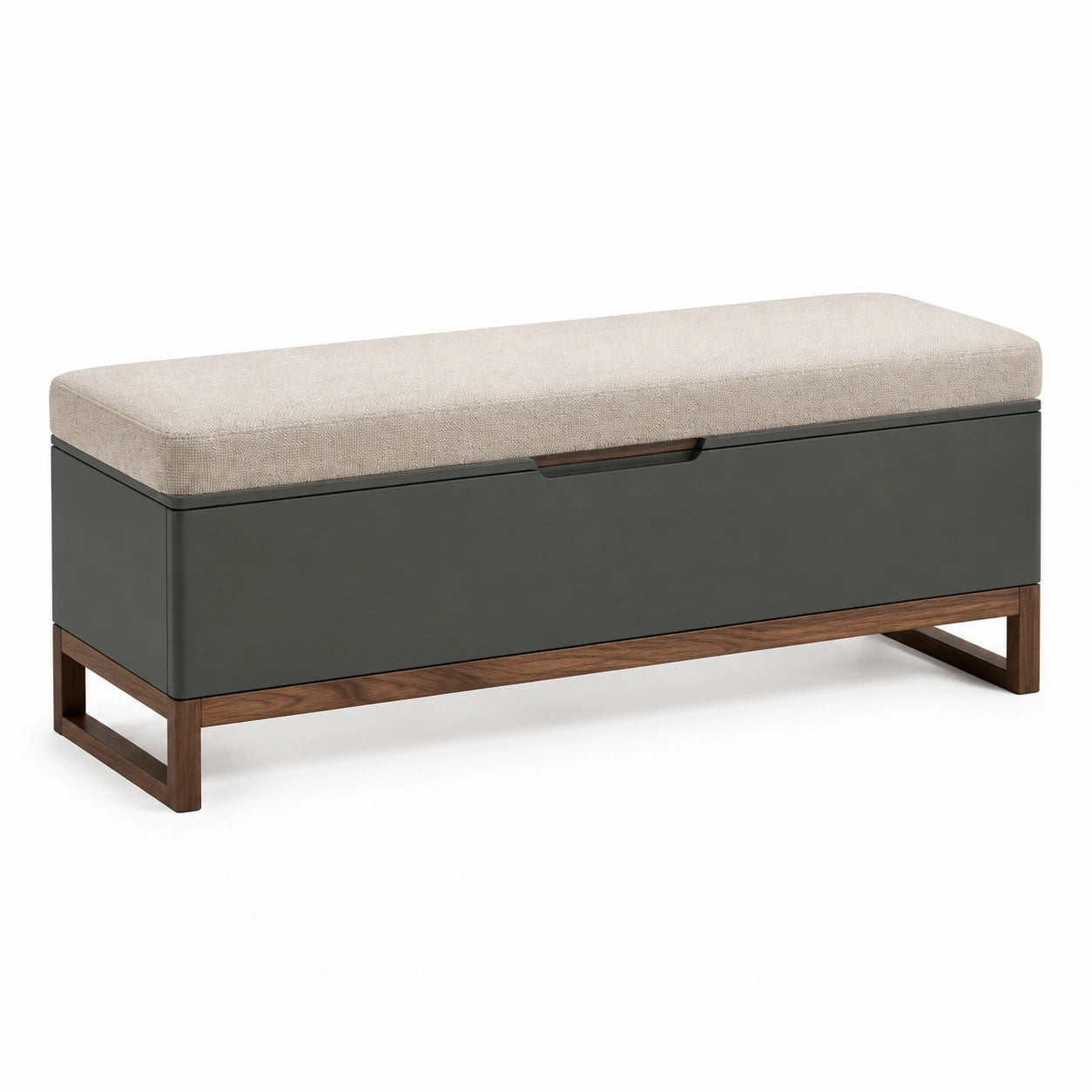 Banco de madera gris con cojín de tela