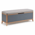 Banco de almacenamiento de madera con cojín beige y estructura metálica negra, 120x40x45 cm